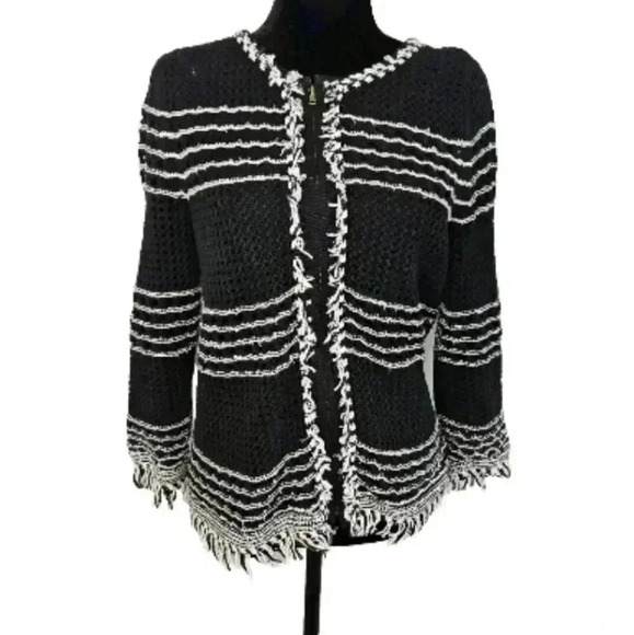 Ann Taylor Womens Black And White Frayed Knit Zip Up Sweater M - Picture 2 of 12